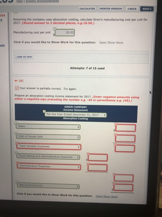 NEXT Exercise 19-17 (Part Level Submission) Siren Company builds custom fishing lures