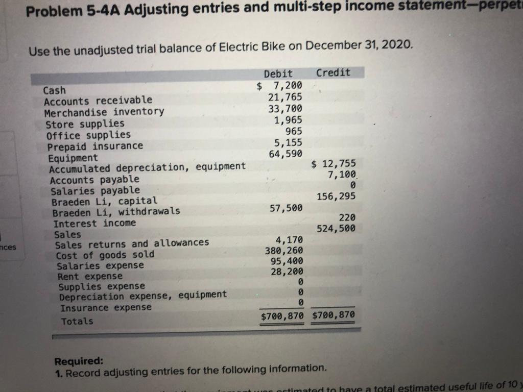  Please solve questions 1-17 Problem 5-4A Adjusting entries and multi-step income