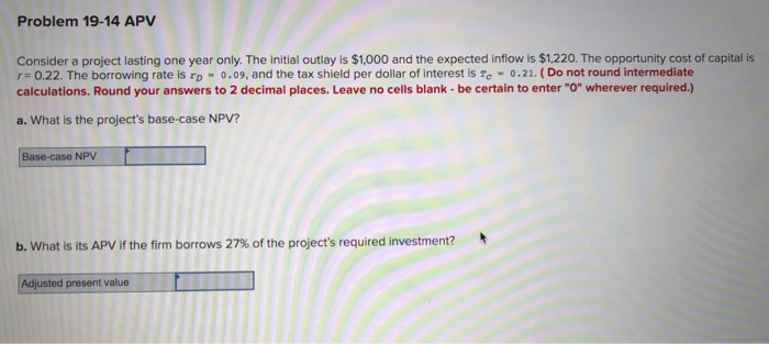  Problem 19-14 APV Consider a project lasting one year only. The