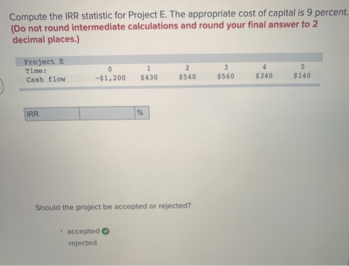  Compute the IRR statistic for Project E. The appropriate cost of