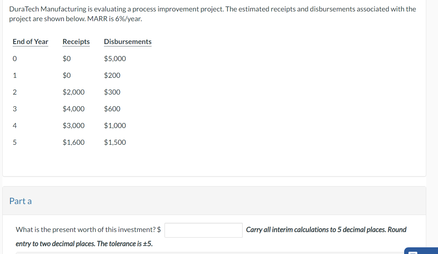 DuraTech Manufacturing is evaluating a process improvement project. The estimated receipts
