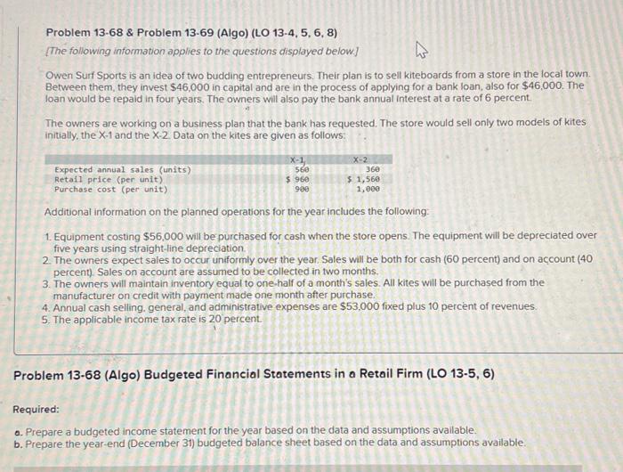 Problem 13-68 \& Problem 13-69 (Algo) (LO 13-4, 5, 6, 8)