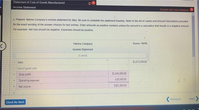 process inventory, May 1 11 Work in process inventory, May 31 Cost