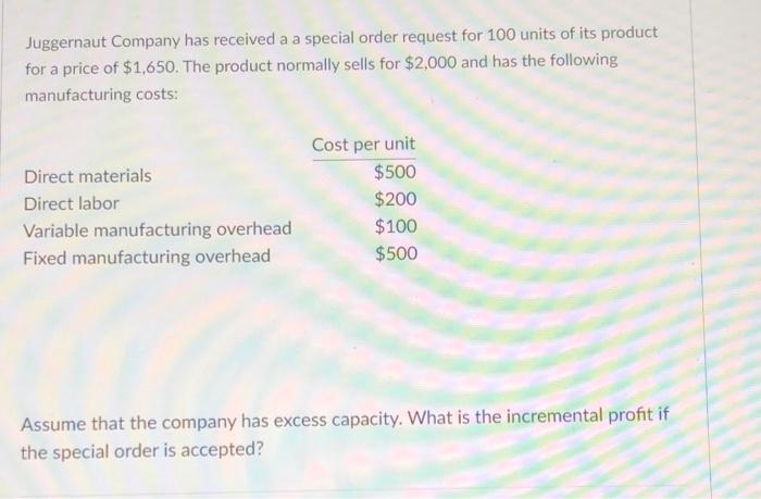  Juggernaut Company has received a a special order request for 100