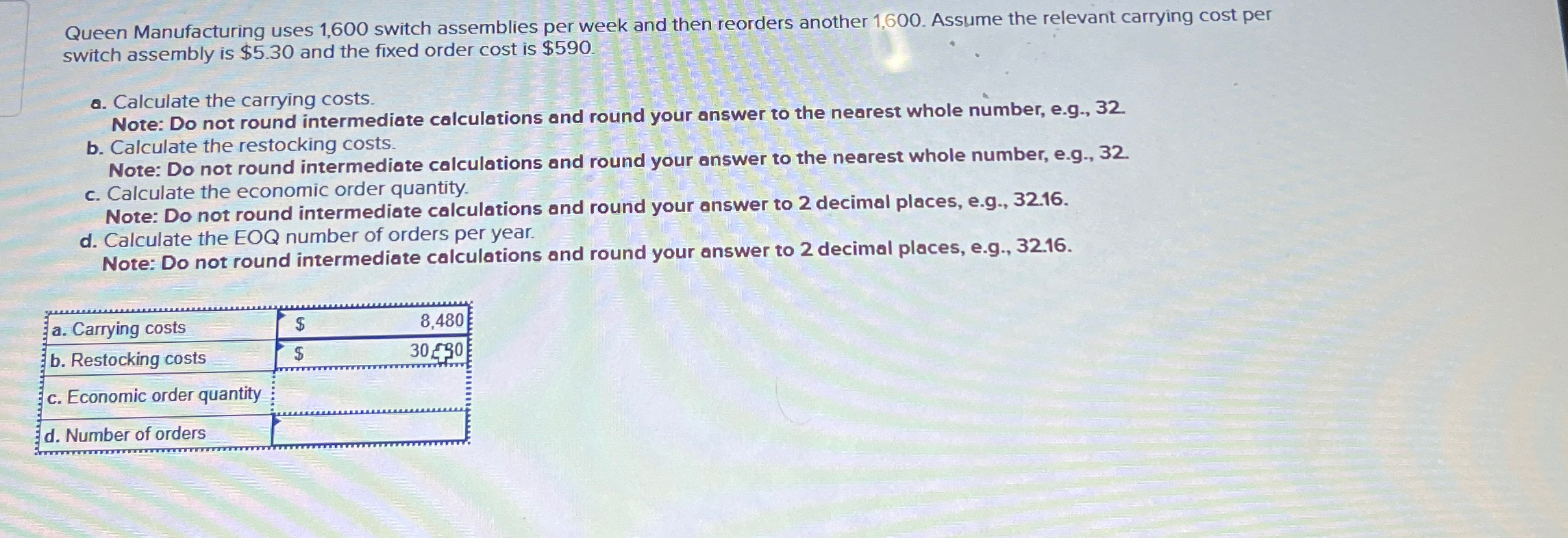  Queen Manufacturing uses 1,600 switch assemblies per week and then reorders