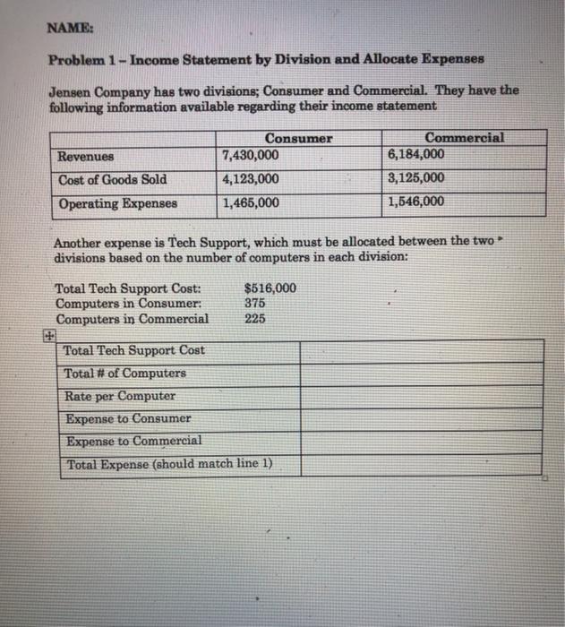  NAME: Problem 1 - Income Statement by Division and Allocate Expenses