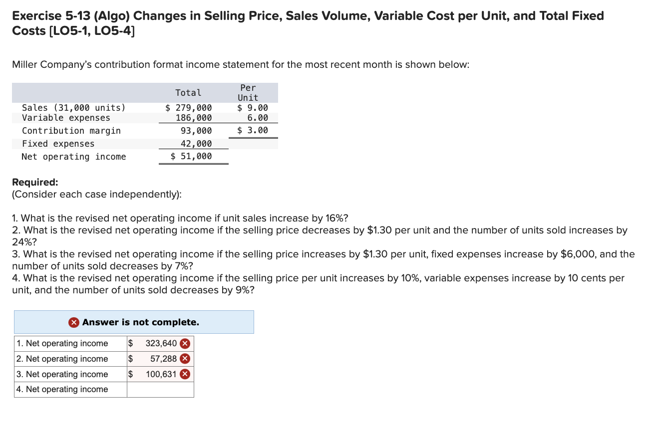  Exercise 5-13(Algo) Changes in Selling Price, Sales Volume, Variable Cost per