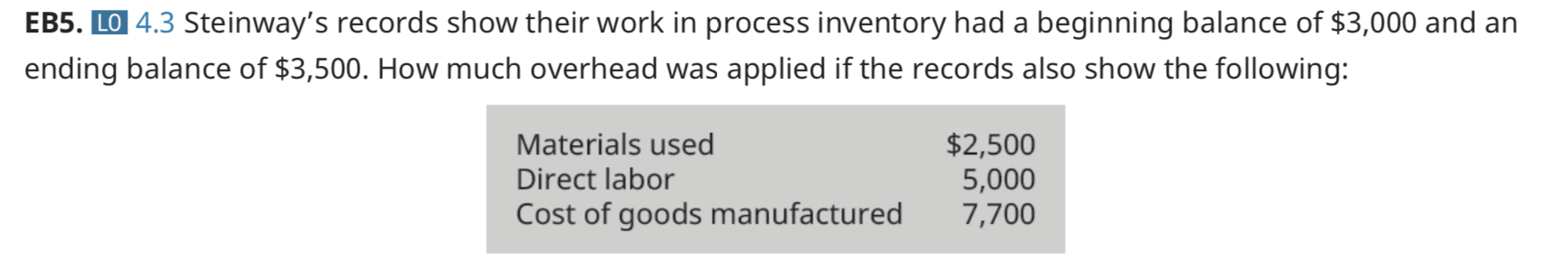 EB5. LO 4.3 Steinway's records show their work in process inventory