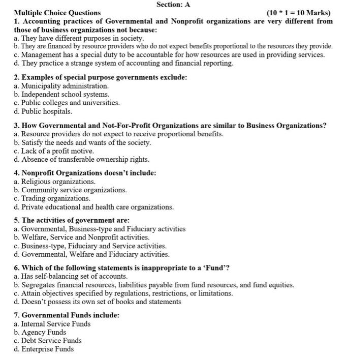  Section: A Multiple Choice Questions (10 + 1 = 10 Marks)