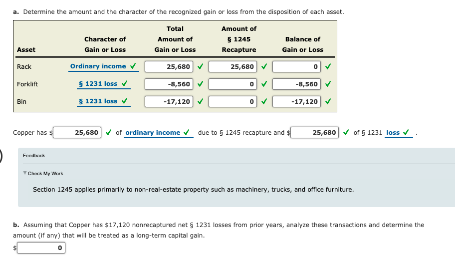 sold three 1231 assets during 2019. Data on these property dispositions are