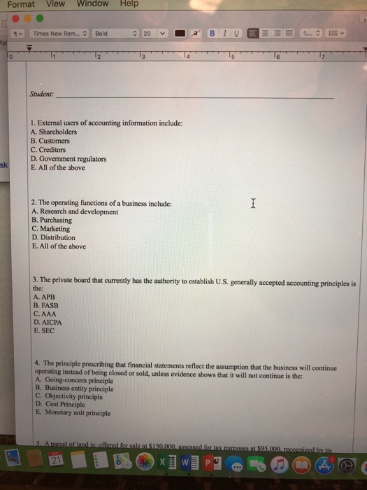  Accounting 201 homework Format View Window Help " Times New Ron..