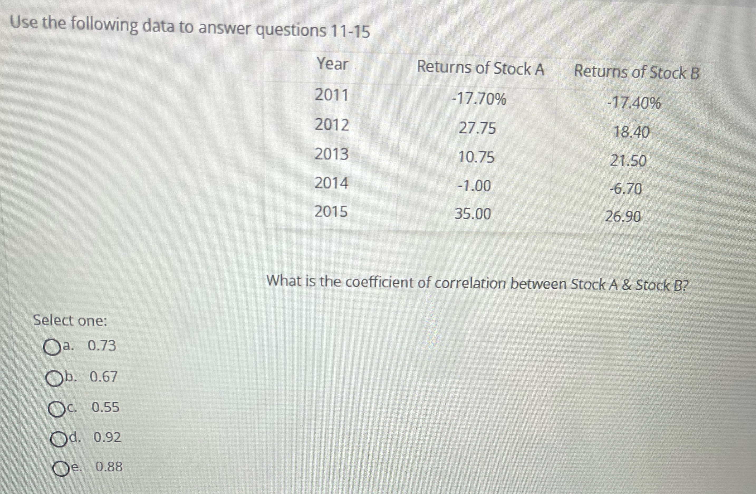  Use the following data to answer questions 11-15 \table[[Year,Returns of Stock