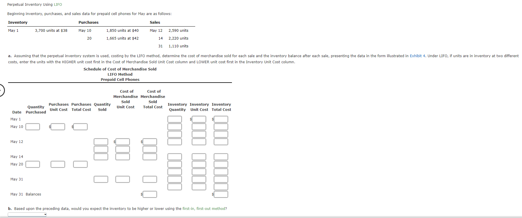 Perpetual Inventory Using LIFO Beginning inventory, purchases, and sales data for
