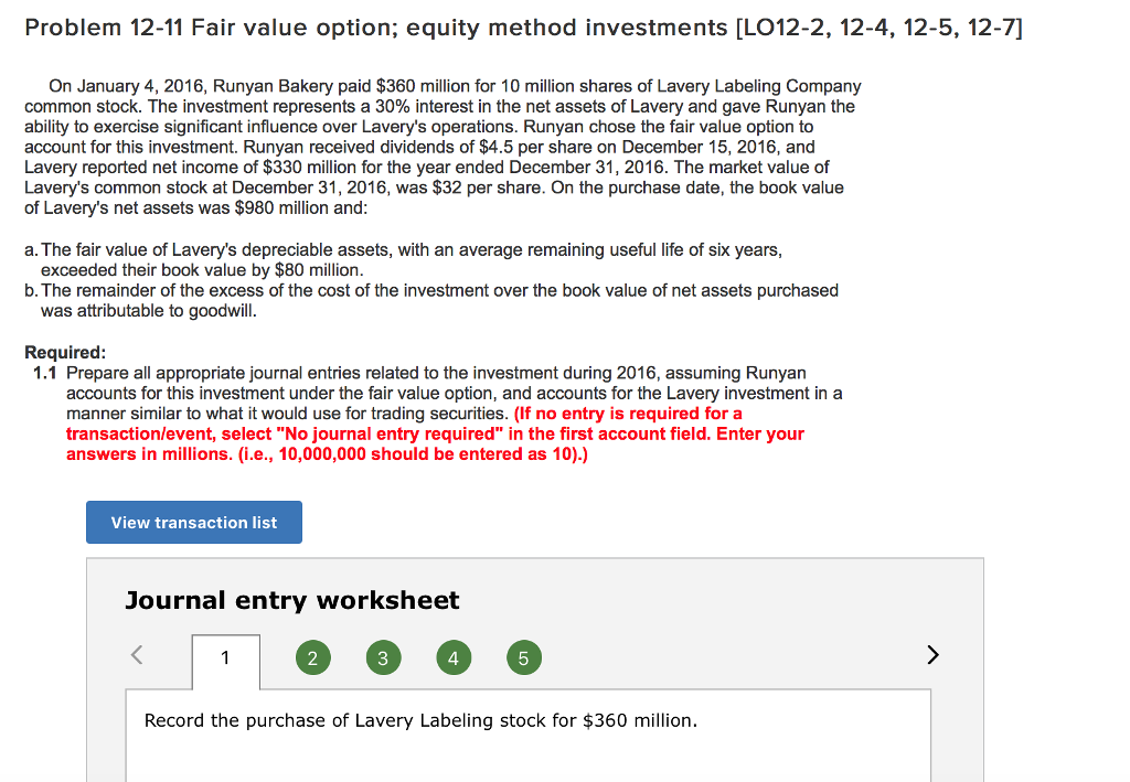 Problem 12-11 Fair value option; equity method investments [L012-2, 12-4, 12-5,
