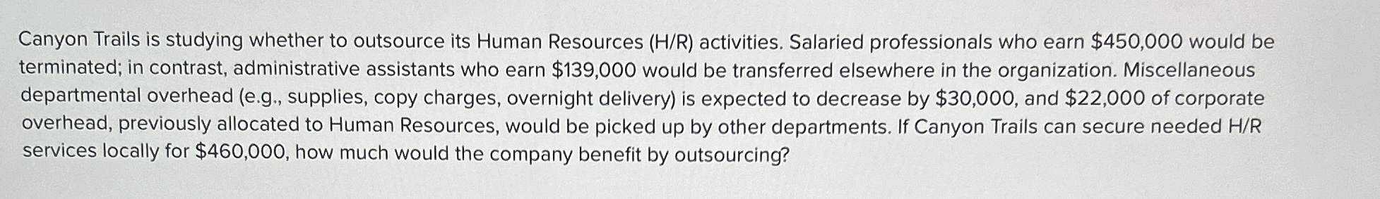  Canyon Trails is studying whether to outsource its Human Resources (H/R)