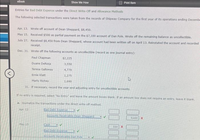  Entries for Bad Debt Expense under the Direct Write-Off and Allowance
