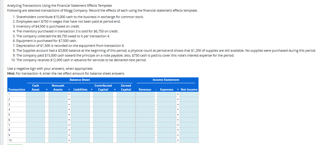  Analyzing Transactions Using the Financial Statement Effects Template Following are selected