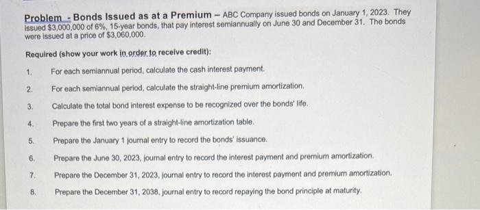  Problem - Bonds Issued as at a Premium - ABC Company