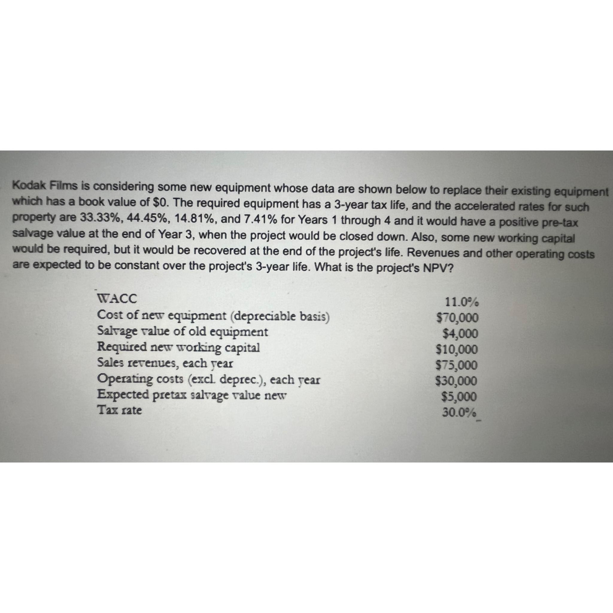  Kodak Films is considering some new equipment whose data are shown