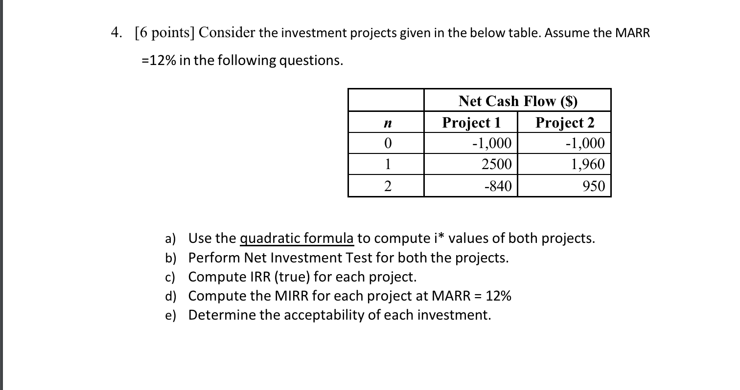  [6 points] Consider the investment projects given in the below table.