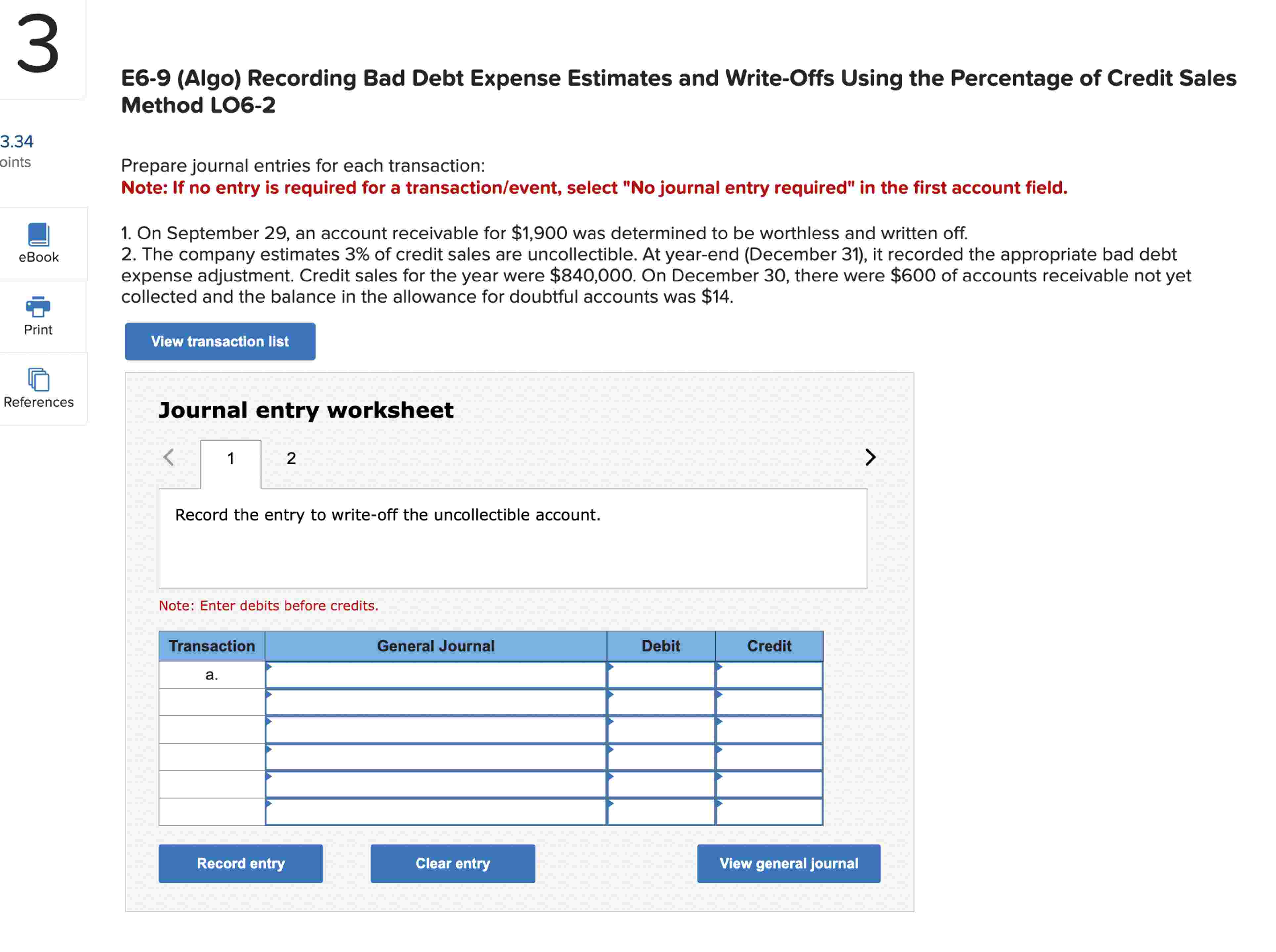  E6-9(Algo) Recording Bad Debt Expense Estimates and Write-Offs Using the Percentage
