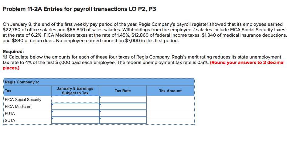  Problem 11-2A Entries for payroll transactions LO P2, P3 On January