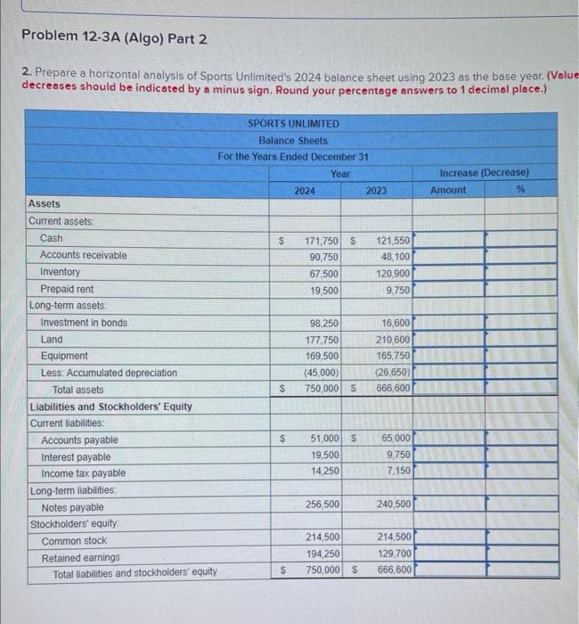 Sports Unlimited's 2024 and 2023 balance sheets. Express each amount as a
