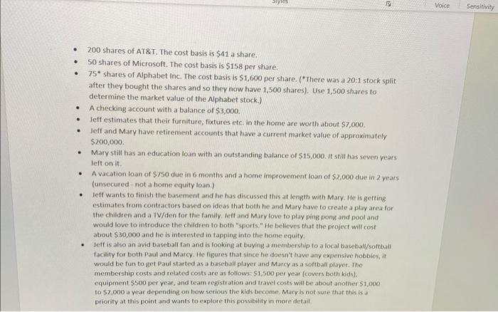 that their investment portfolio currentiy conilsts of commonstocks. Question 5. The family's