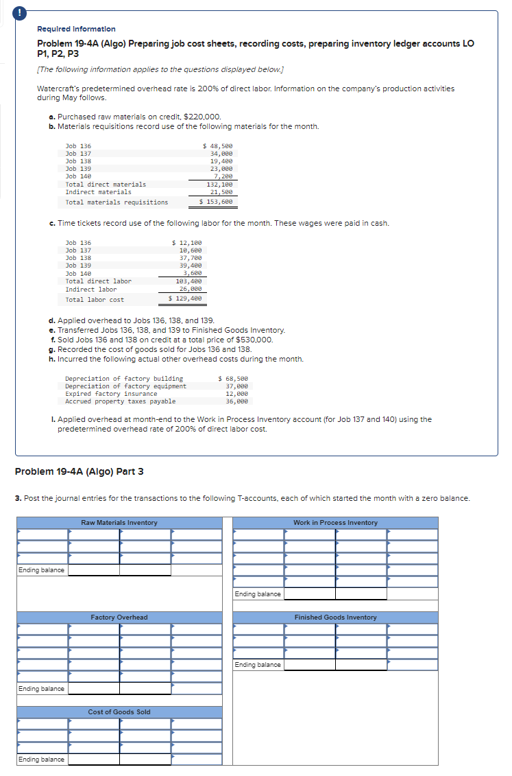  ! Requlred Informatlon Problem 19-4A (Algo) Preparing job cost sheets, recording