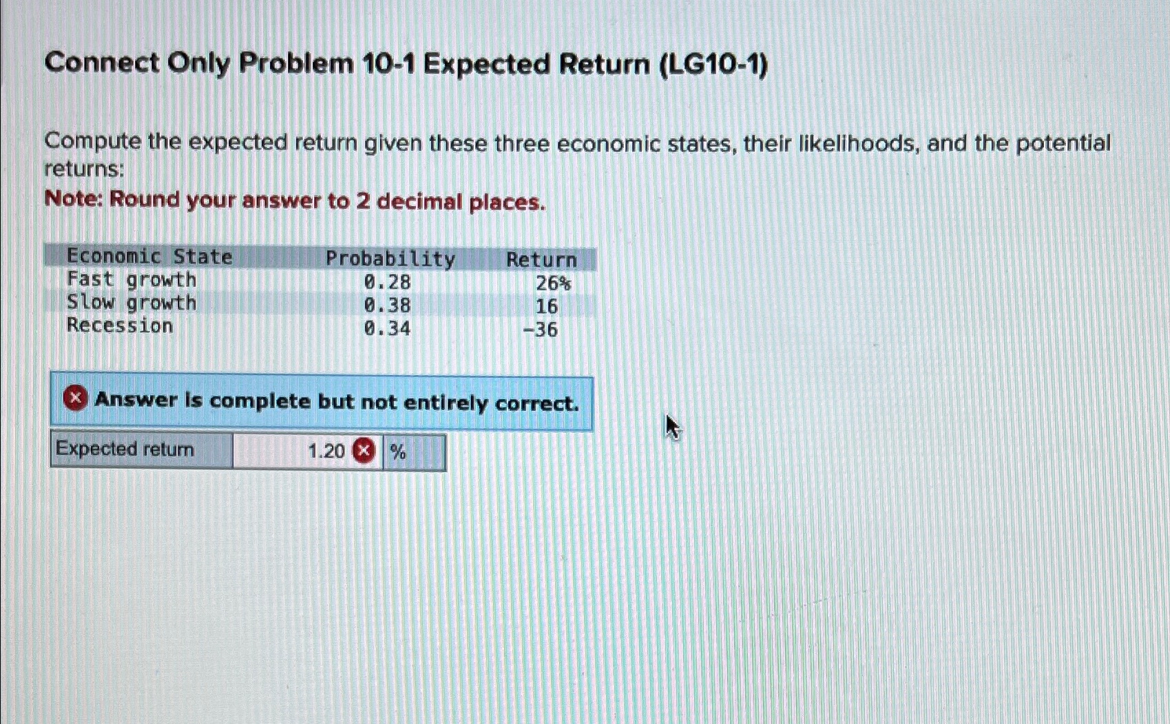  Connect Only Problem 10-1 Expected Return (LG10-1) Compute the expected return