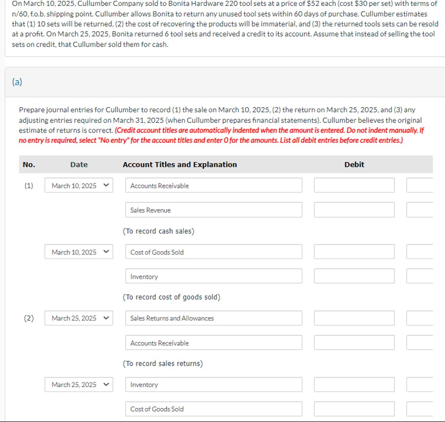  On March 10,2025, Cullumber Company sold to Bonita Hardware 220 tool
