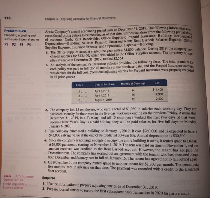  116 Chapter 3 Aqusting Accounts for Financial Statements Problem 3-2A Preparing