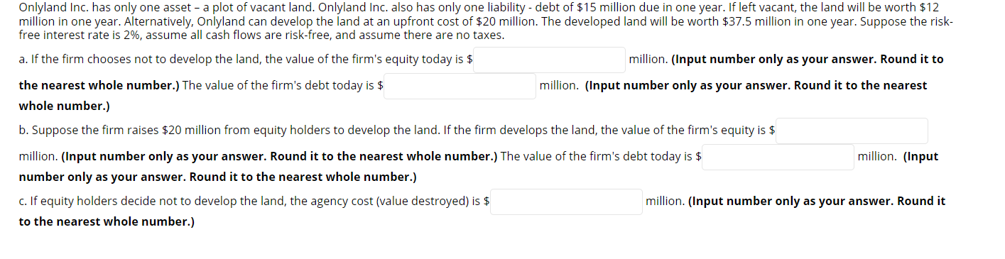 Onlyland Inc. has only one asset - a plot of vacant