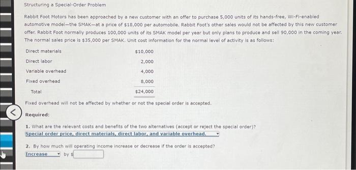 hw 6 q 10 Structuring a Special-Order Problem Rabbit Foot Motors has