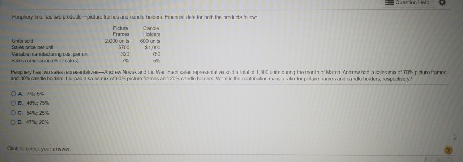 Question Help Periphery, Inc. has two products-picture frames and candle holders.