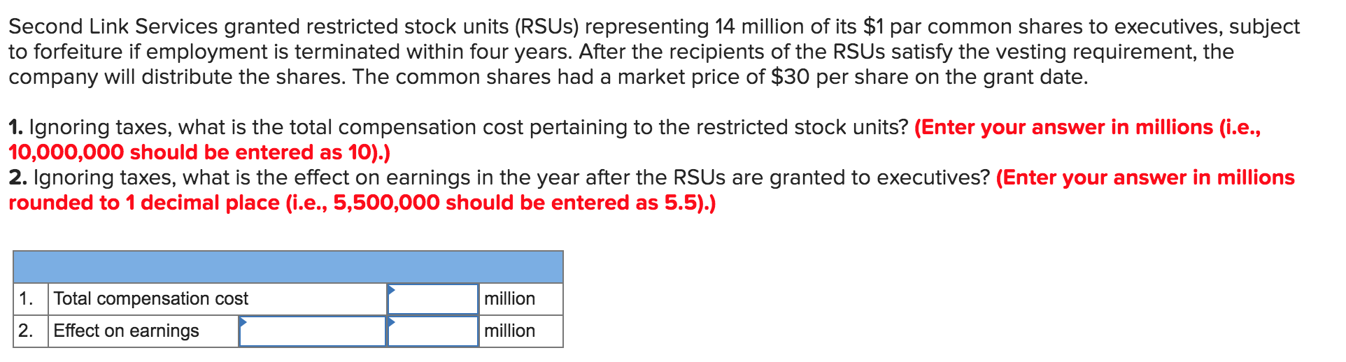  Second Link Services granted restricted stock units (RSUS) representing 14 million