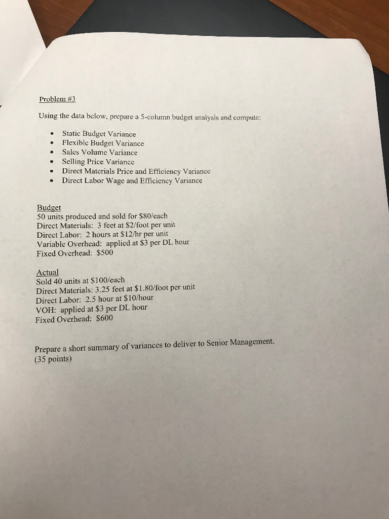  Problem #3 Using the data below, prepare a 5-column budget analysis