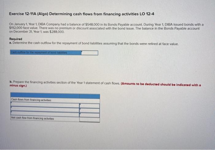  Exercise 12-11A (Algo) Determining cash flows from financing activities LO 12-4