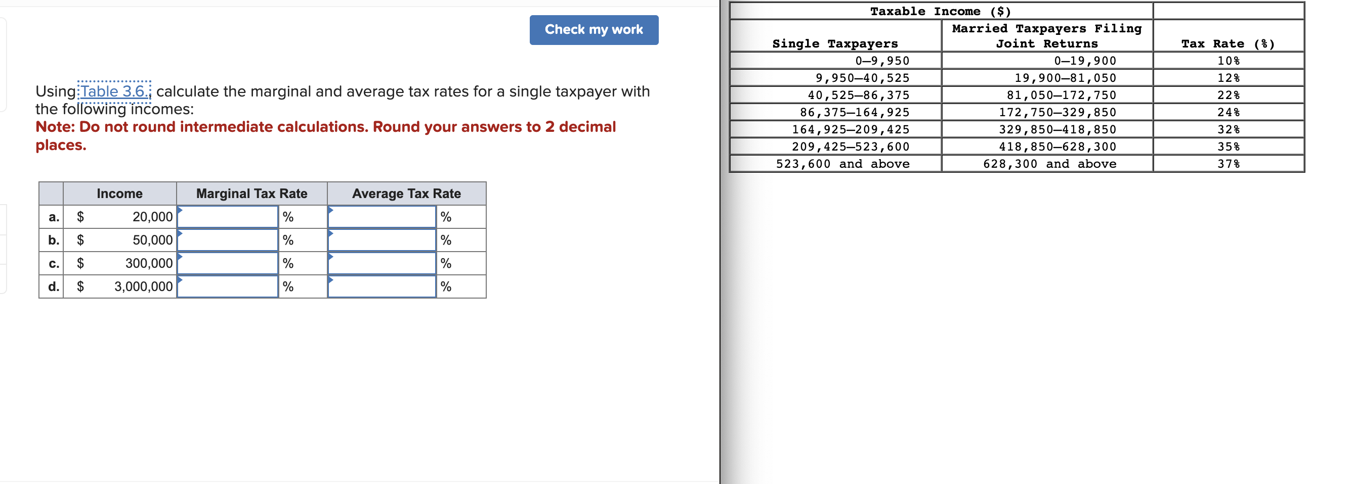 Using calculate the marginal and average tax rates for a single