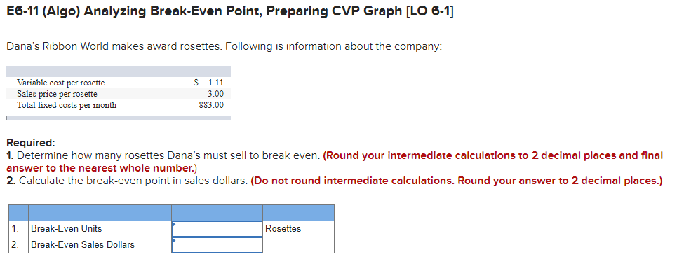 E6-11 (Algo) Analyzing Break-Even Point, Preparing CVP Graph [LO 6-1] Danas Ribbon
