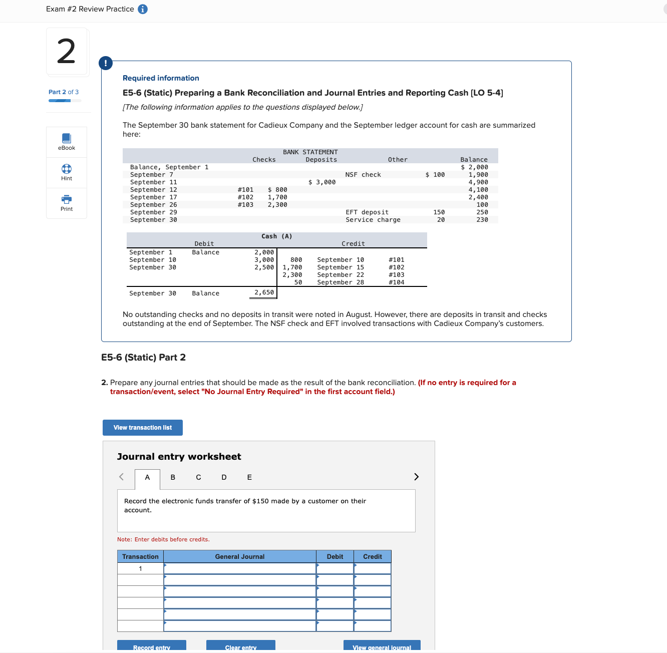 Required information E5-6 (Static) Preparing a Bank Reconciliation and Journal Entries