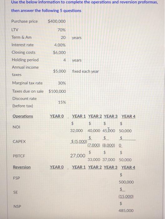  Use the below information to complete the operations and reversion proformas,