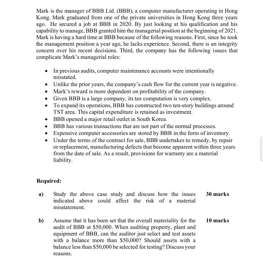  Mark is the manager of BBB Ltd. (BBB), a computer manufacturer