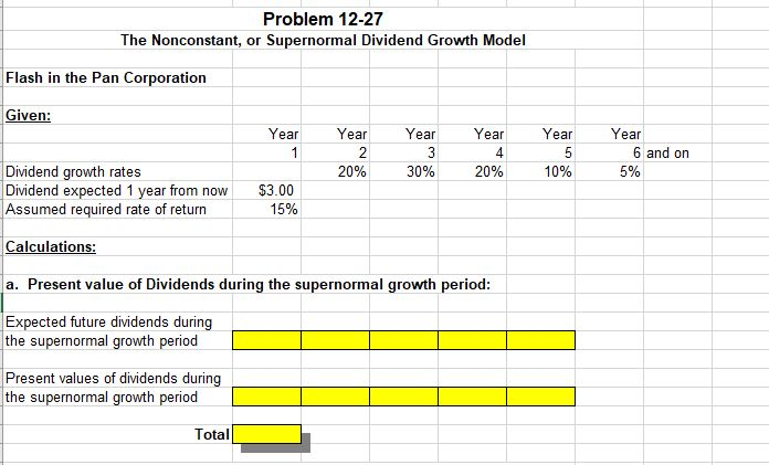  Problem 12-27 The Nonconstant, or Supernormal Dividend Growth Model Flash in