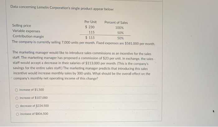  Data concerning Lemelin Corporation's single product appear below: Per Unit Percent