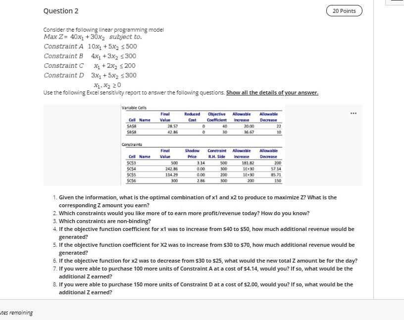  Question 2 20 Points Consider the following linear programming model Max