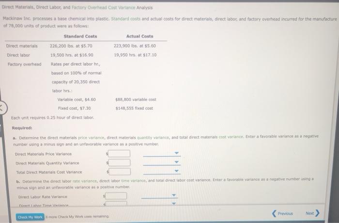  Direct Materials, Direct Labor, and Factory Overhead Cost Variance Analysis Maconaw