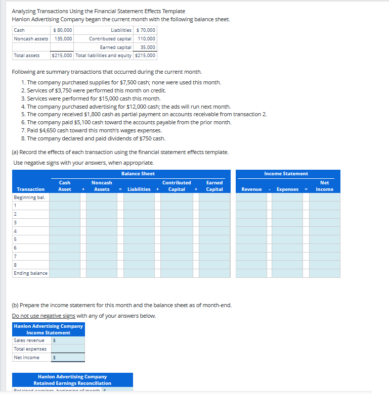  Analyzing Transactions Using the Financial Statement Effects Template Hanlon Advertising Company