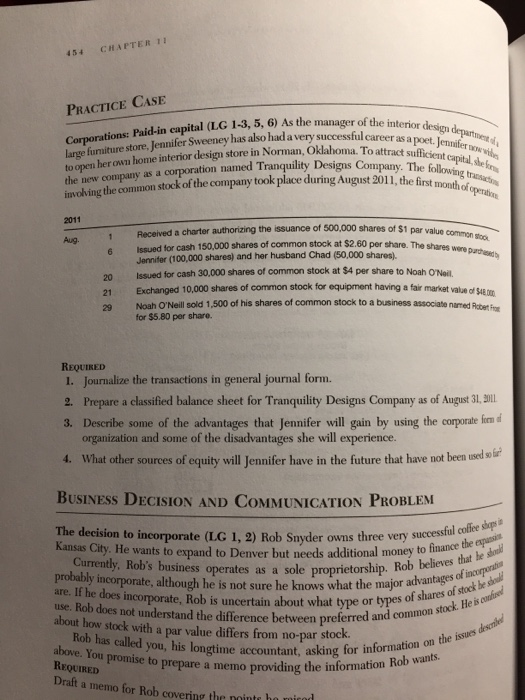  CHAPTER 11 PRACTICE CASE Paid-in capital (LG 1-3, 5, 6) As
