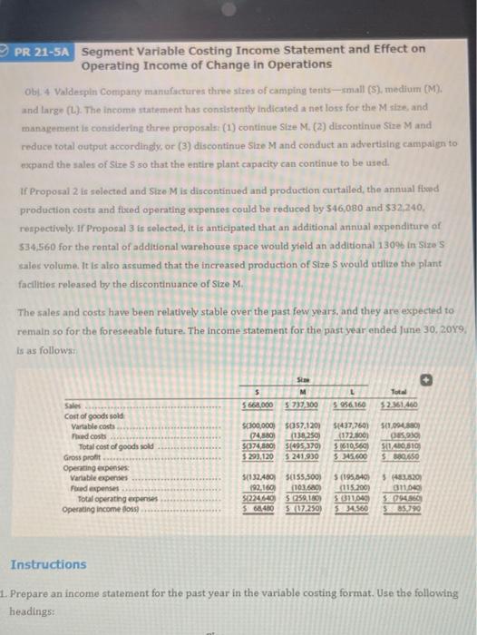  PR 21-5A Segment Variable Costing Income Statement and Effect on Operating